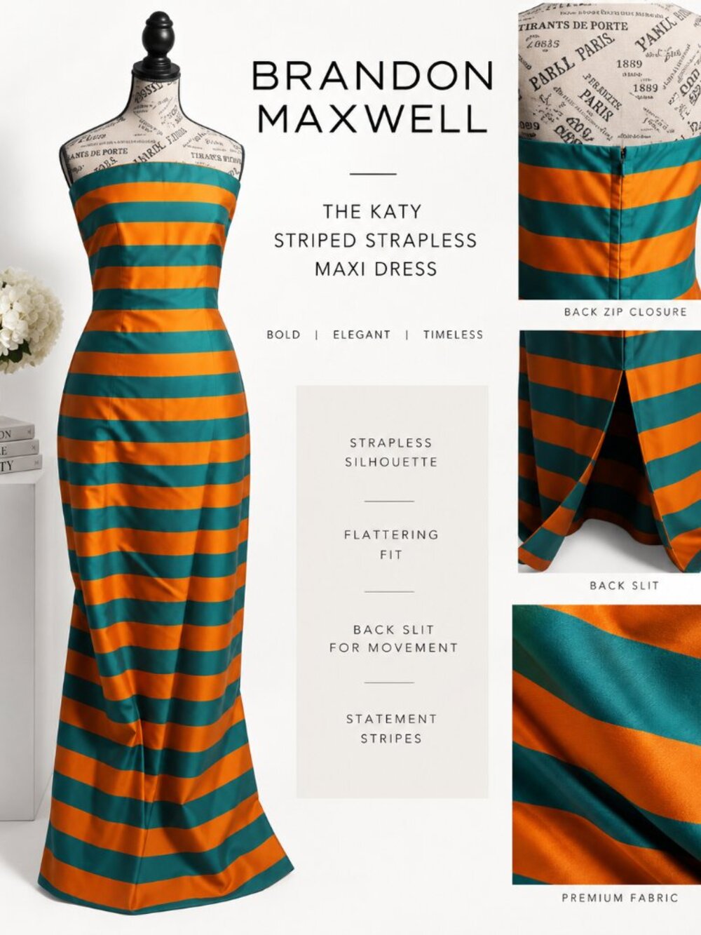 Brandon Maxwell The Katy Striped Strapless Maxi Dress Orange Verdigris Sz 8